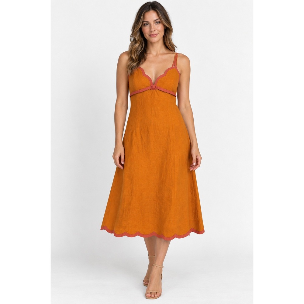 Reformation Sara Linen Dress Womens 14 Orange Scalloped Trim Smocked Midi